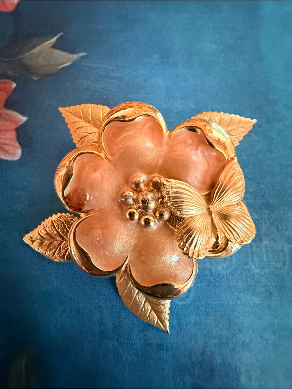 Gold-Tone Peach Flower Brooch with Butterfly Accent